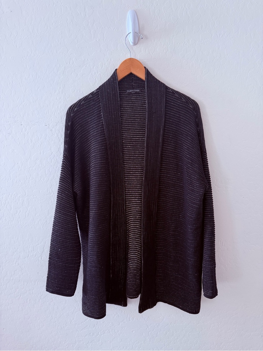 Eileen Fisher Open Front Cardigan Black Textured Knit Stretch Sweater L /XL